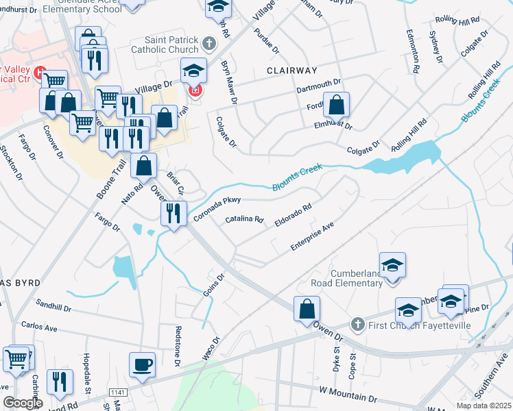 map of restaurants, bars, coffee shops, grocery stores, and more near 2821 Coronada Parkway in Fayetteville