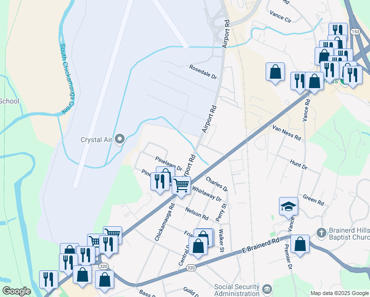 map of restaurants, bars, coffee shops, grocery stores, and more near 515 Airport Road in Chattanooga