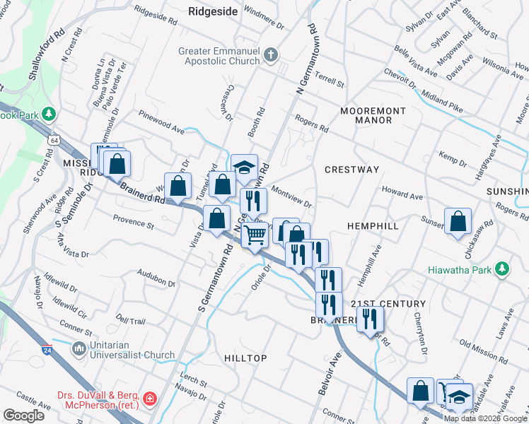 map of restaurants, bars, coffee shops, grocery stores, and more near 108 North Germantown Road in Chattanooga