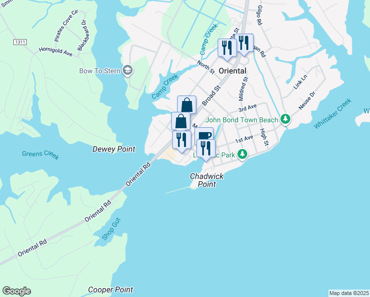 map of restaurants, bars, coffee shops, grocery stores, and more near 502 New Street in Oriental