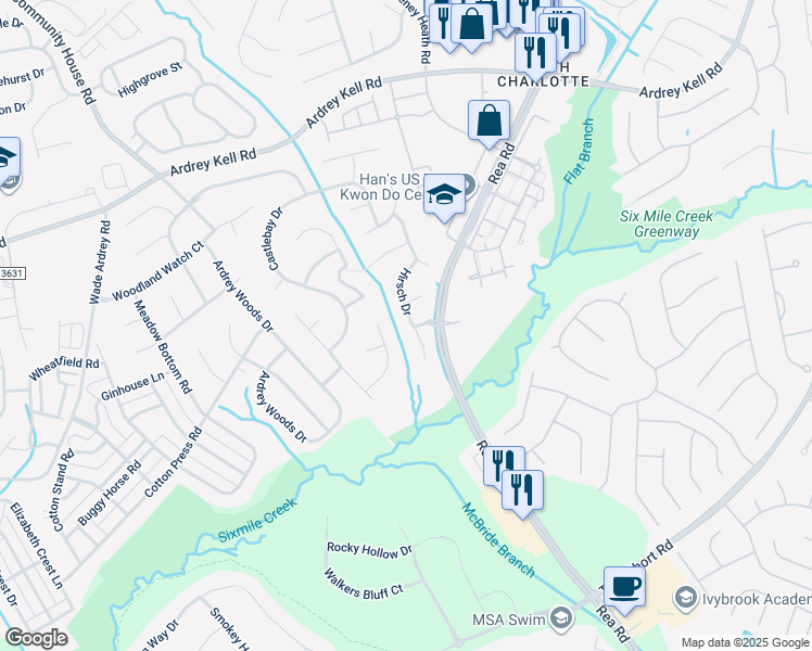 map of restaurants, bars, coffee shops, grocery stores, and more near 8303 Hirsch Drive in Charlotte