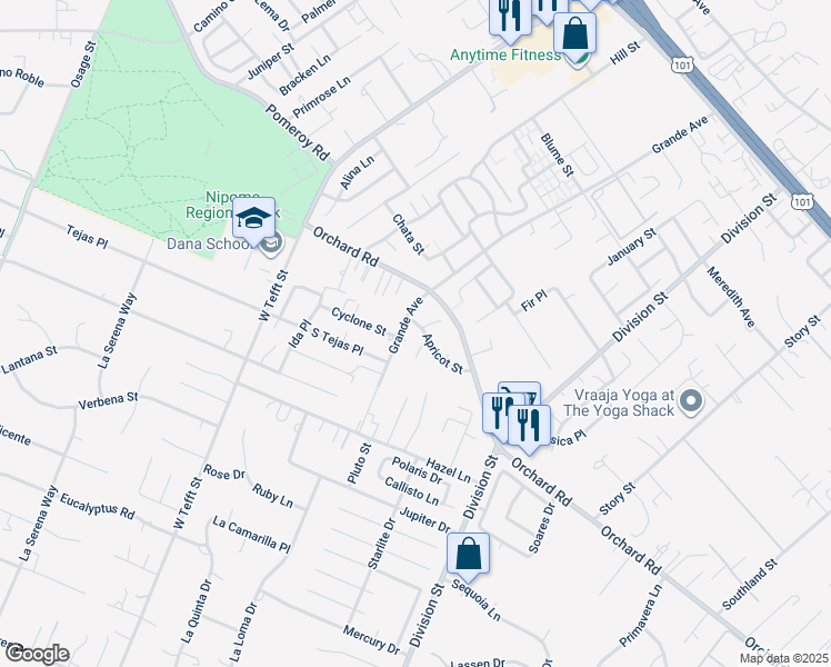 map of restaurants, bars, coffee shops, grocery stores, and more near 330 Apricot Street in Nipomo