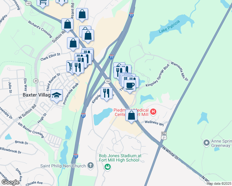 map of restaurants, bars, coffee shops, grocery stores, and more near Kingsley Park Drive in Fort Mill