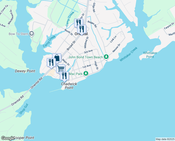 map of restaurants, bars, coffee shops, grocery stores, and more near 202 Freemason Street in Oriental