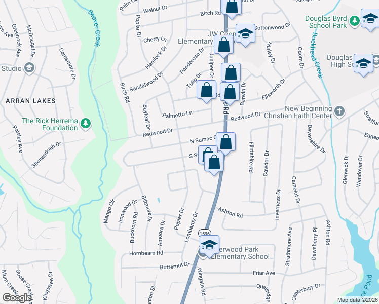 map of restaurants, bars, coffee shops, grocery stores, and more near 5430 Sumac Circle in Fayetteville