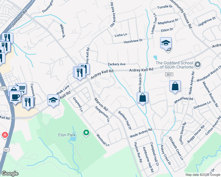 map of restaurants, bars, coffee shops, grocery stores, and more near 17059 Commons Creek Drive in Charlotte