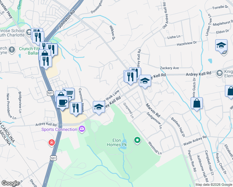 map of restaurants, bars, coffee shops, grocery stores, and more near 11137 Cedar Walk Lane in Charlotte