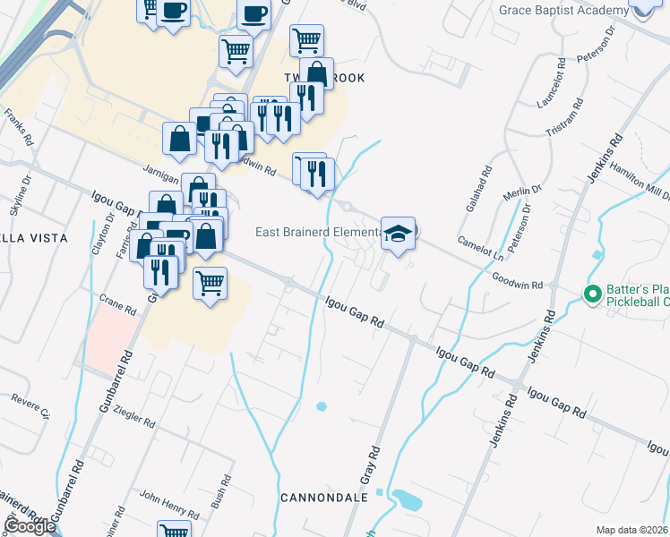 map of restaurants, bars, coffee shops, grocery stores, and more near 1909 Rosebrook Drive in Chattanooga