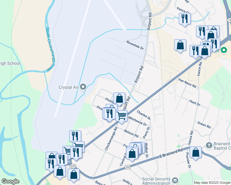 map of restaurants, bars, coffee shops, grocery stores, and more near 5937 Portview Circle in Chattanooga