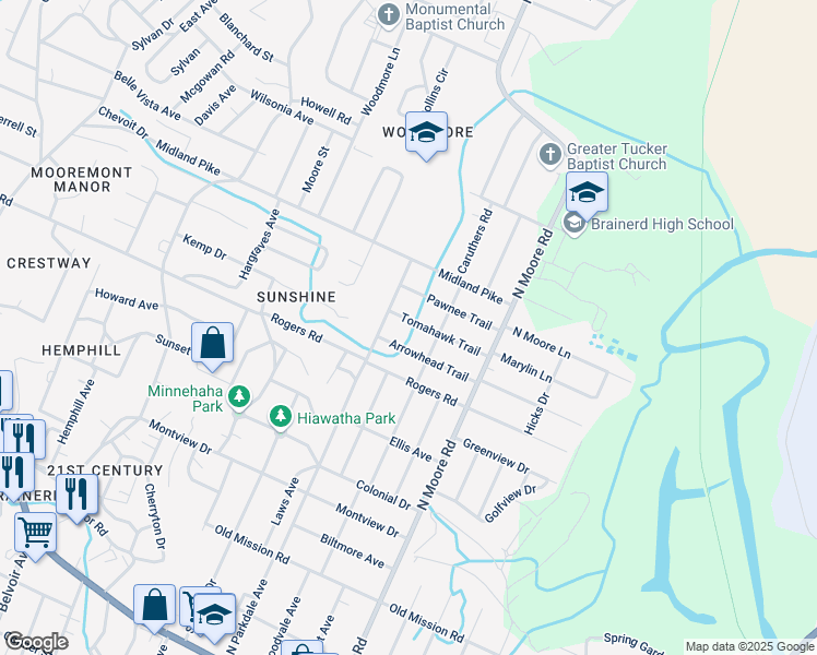 map of restaurants, bars, coffee shops, grocery stores, and more near 4707 Arrowhead Trail in Chattanooga