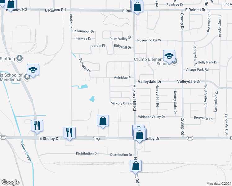 map of restaurants, bars, coffee shops, grocery stores, and more near 5819 Hickory Nutt Lane in Memphis