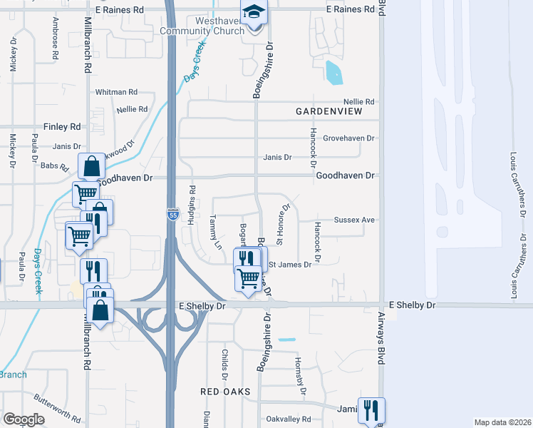 map of restaurants, bars, coffee shops, grocery stores, and more near 4530 Boeingshire Drive in Memphis