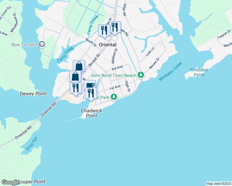map of restaurants, bars, coffee shops, grocery stores, and more near 202 Freemason Street in Oriental