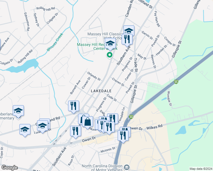 map of restaurants, bars, coffee shops, grocery stores, and more near 1919 Southern Avenue in Fayetteville