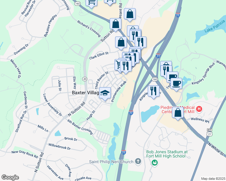 map of restaurants, bars, coffee shops, grocery stores, and more near 1077 Market Street in Fort Mill