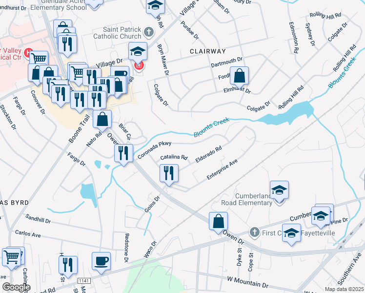map of restaurants, bars, coffee shops, grocery stores, and more near 2821 Coronada Parkway in Fayetteville