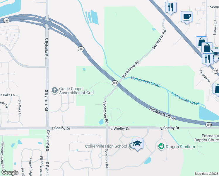 map of restaurants, bars, coffee shops, grocery stores, and more near 11485 Sycamore Farms Road in Collierville