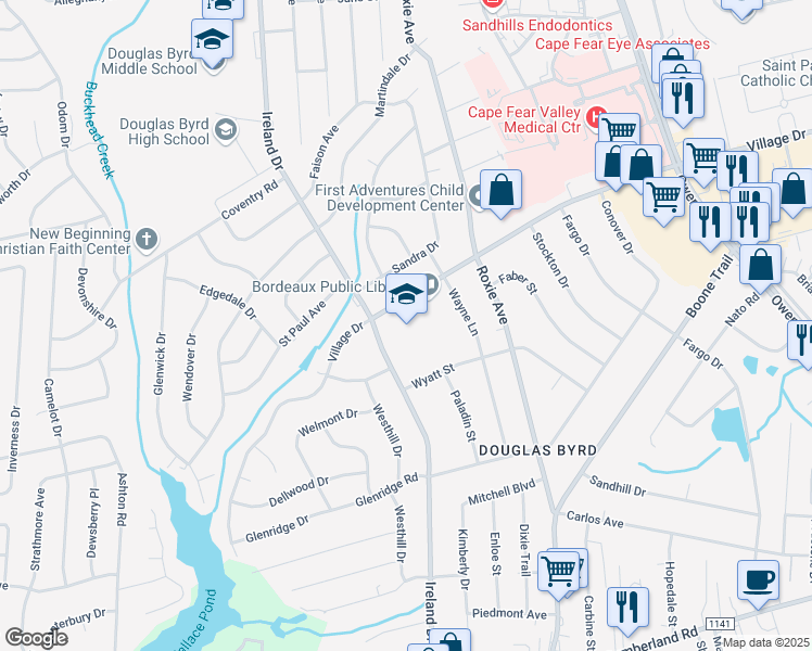 map of restaurants, bars, coffee shops, grocery stores, and more near 3809 Village Drive in Fayetteville