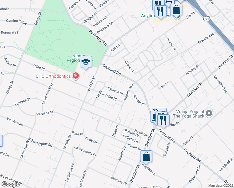 map of restaurants, bars, coffee shops, grocery stores, and more near 291 South Tejas Place in Nipomo
