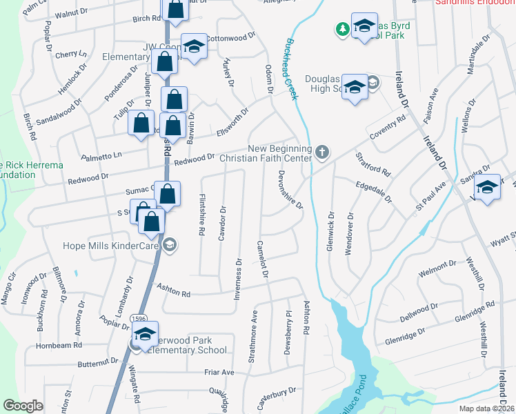 map of restaurants, bars, coffee shops, grocery stores, and more near 1350 Camelot Drive in Fayetteville