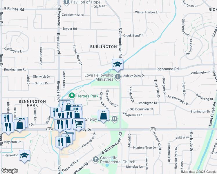 map of restaurants, bars, coffee shops, grocery stores, and more near 4523 Bassett Hall Drive in Memphis