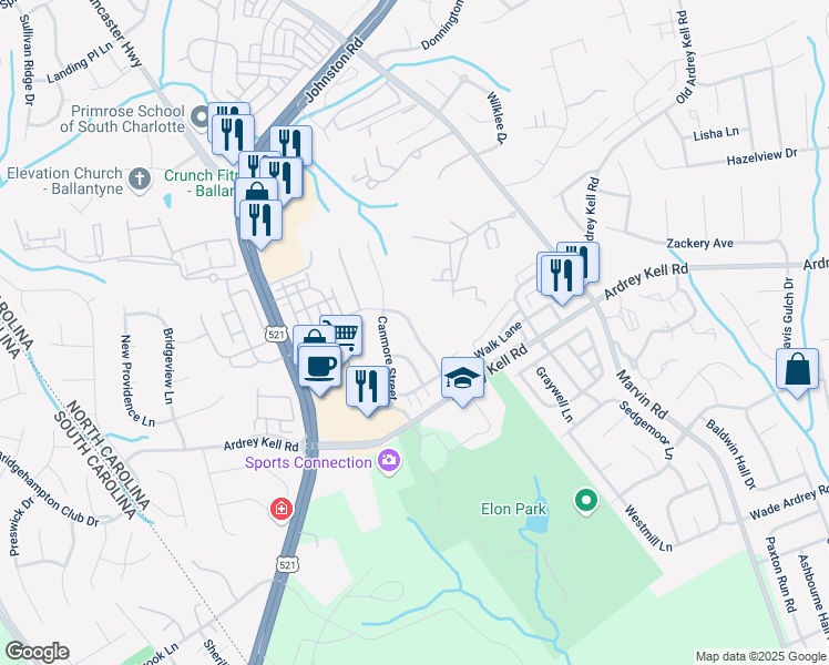 map of restaurants, bars, coffee shops, grocery stores, and more near Blairbeth Street in Charlotte