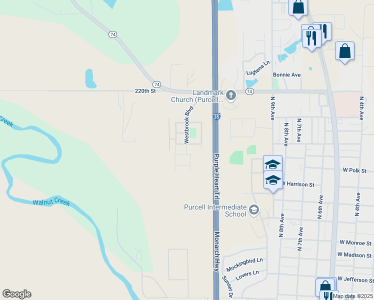 map of restaurants, bars, coffee shops, grocery stores, and more near 1120 Ewing Street in Purcell