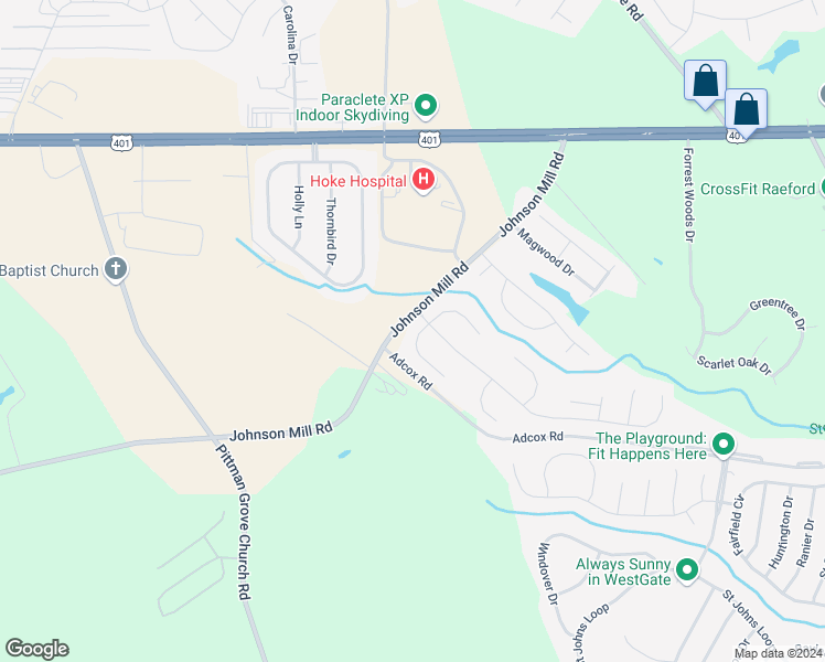 map of restaurants, bars, coffee shops, grocery stores, and more near 132 Tadcaster Court in Raeford