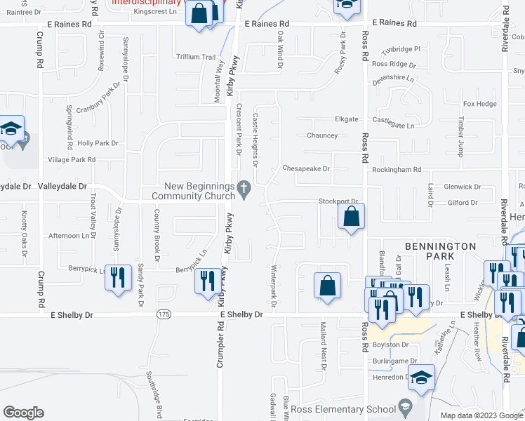 map of restaurants, bars, coffee shops, grocery stores, and more near 6518 Croydon Cove in Memphis