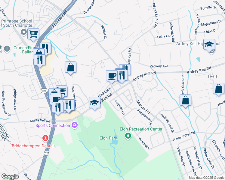 map of restaurants, bars, coffee shops, grocery stores, and more near 11137 Cedar Walk Lane in Charlotte