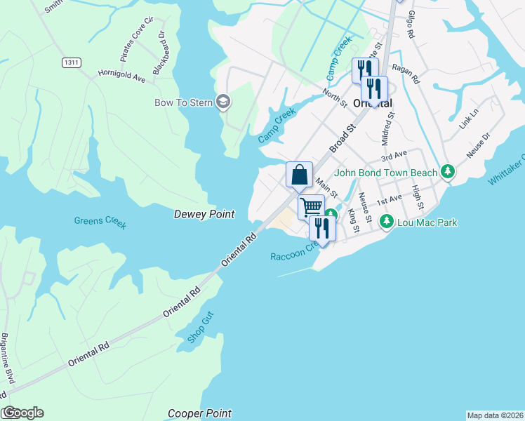 map of restaurants, bars, coffee shops, grocery stores, and more near 300 Midyette Street in Oriental
