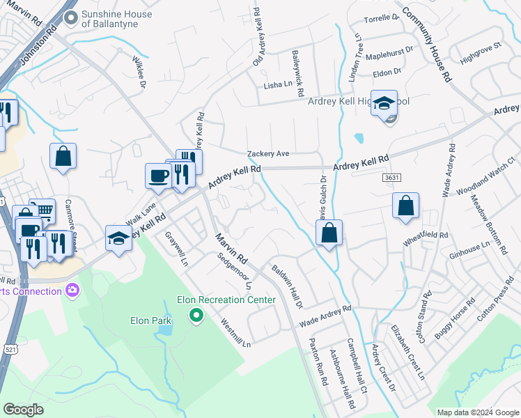 map of restaurants, bars, coffee shops, grocery stores, and more near 17059 Commons Creek Drive in Charlotte