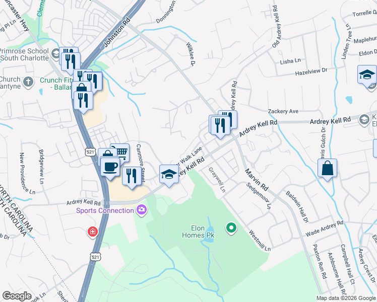 map of restaurants, bars, coffee shops, grocery stores, and more near 11240 Cedar Walk Lane in Charlotte