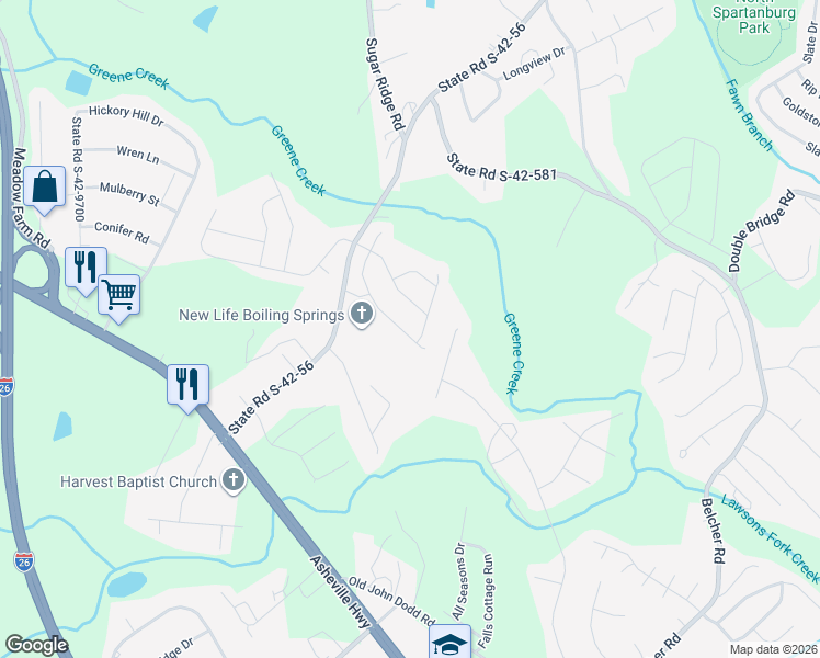 map of restaurants, bars, coffee shops, grocery stores, and more near 198 Eventine Way in Boiling Springs