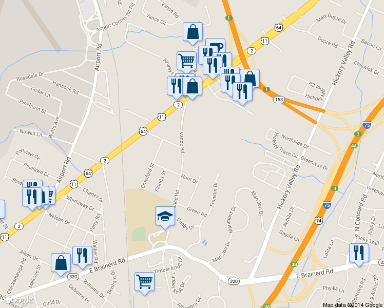map of restaurants, bars, coffee shops, grocery stores, and more near 1438 Vance Road in Chattanooga