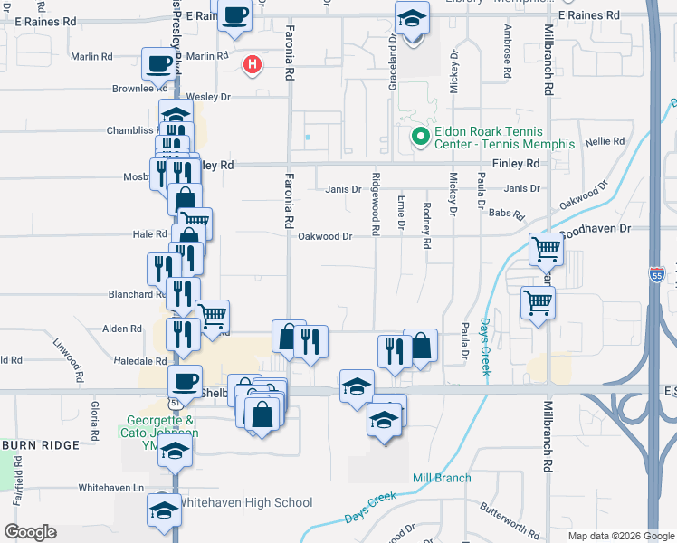 map of restaurants, bars, coffee shops, grocery stores, and more near 1385 Ridgewood Park Road in Memphis