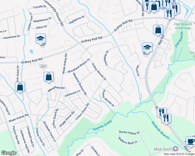 map of restaurants, bars, coffee shops, grocery stores, and more near 9740 Ridgeforest Drive in Charlotte