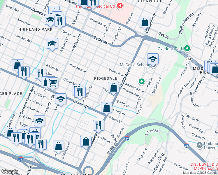 map of restaurants, bars, coffee shops, grocery stores, and more near 1021 Peachtree Street in Chattanooga