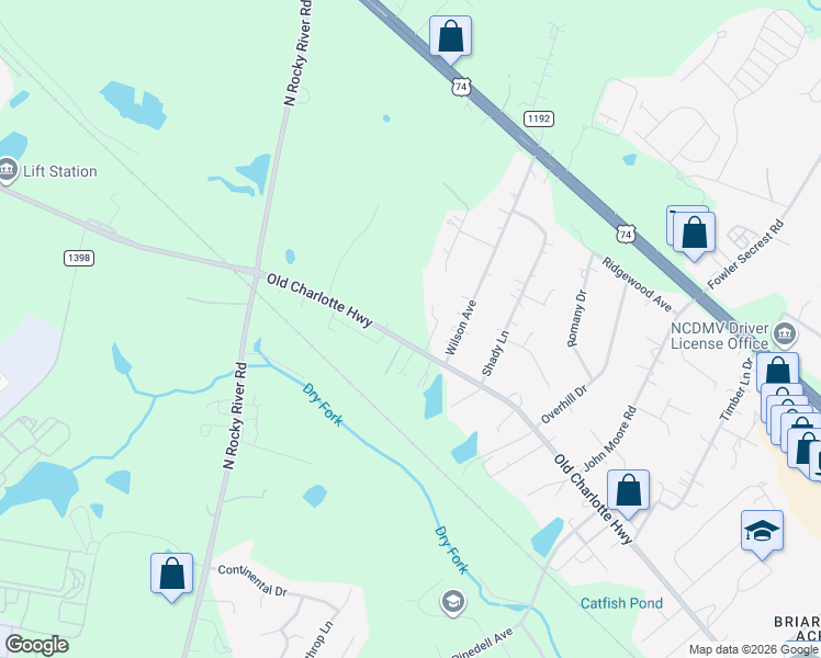 map of restaurants, bars, coffee shops, grocery stores, and more near 3416 Old Charlotte Highway in Monroe
