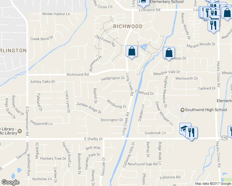 map of restaurants, bars, coffee shops, grocery stores, and more near 4494 Juniper Ridge Cove in Memphis