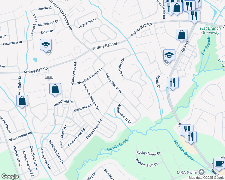 map of restaurants, bars, coffee shops, grocery stores, and more near 9740 Ridgeforest Drive in Charlotte