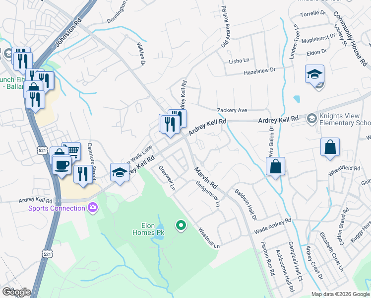 map of restaurants, bars, coffee shops, grocery stores, and more near 16840 Kettlewell Lane in Charlotte