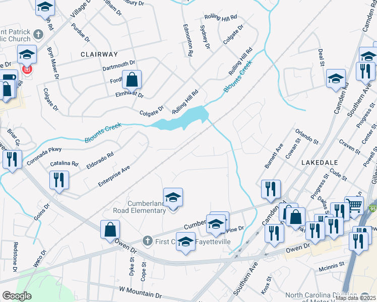 map of restaurants, bars, coffee shops, grocery stores, and more near 1226 Brickyard Drive in Fayetteville
