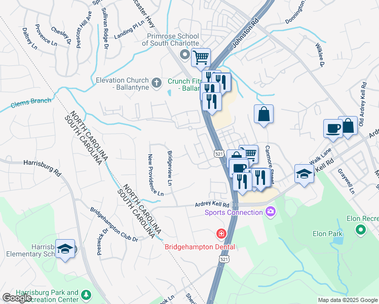 map of restaurants, bars, coffee shops, grocery stores, and more near 11543 Elizabeth Madison Court in Charlotte