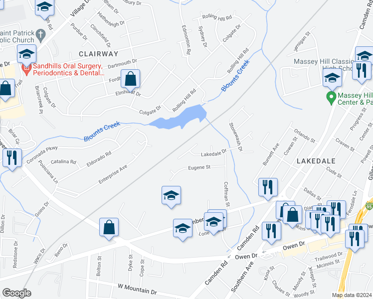map of restaurants, bars, coffee shops, grocery stores, and more near 1226 Brickyard Drive in Fayetteville