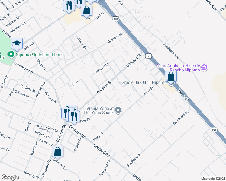 map of restaurants, bars, coffee shops, grocery stores, and more near 633 Beverly Drive in Nipomo
