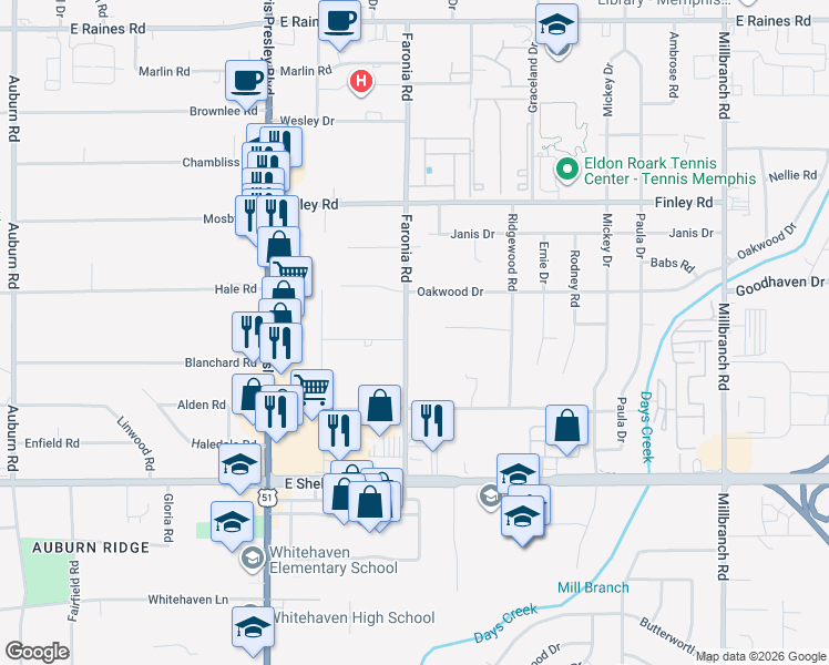 map of restaurants, bars, coffee shops, grocery stores, and more near 4528 Faronia Road in Memphis