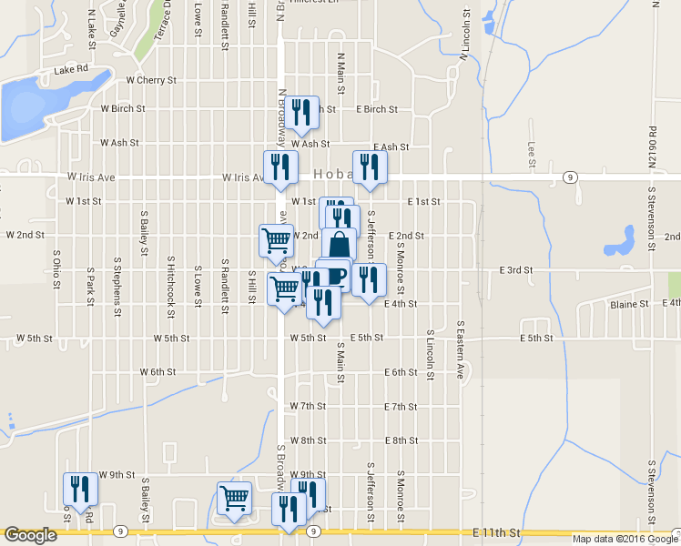 map of restaurants, bars, coffee shops, grocery stores, and more near 307 South Main Street in Hobart