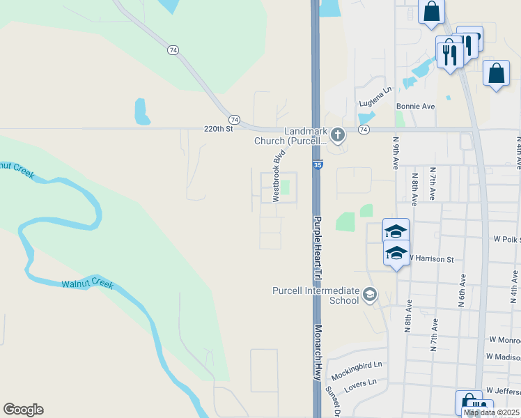 map of restaurants, bars, coffee shops, grocery stores, and more near 1089 North Blue Ridge Drive in Purcell