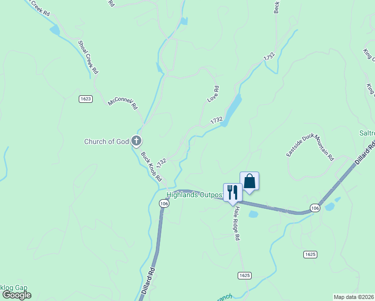 map of restaurants, bars, coffee shops, grocery stores, and more near 59 Wildflower Road in Scaly Mountain